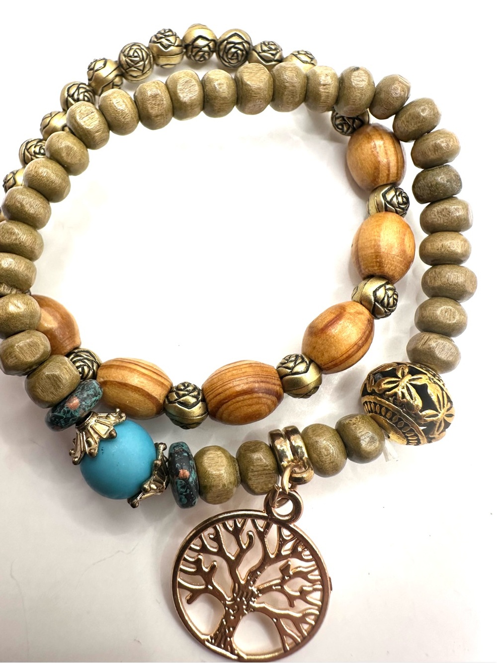 Fashion: Bohemian Turquoise & Wood Bead Tree of Life Bracelet Set